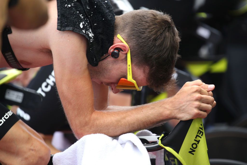 CHOLET, FRANCE - JULY 09: Start / Adam Yates of Great Britain and Team Mitchelton-Scott / during the 105th Tour de France 2018, Stage 3 a 35,5km Team time trial stage / Warm Up / Rollers / TTT / from Cholet to Cholet / TDF / on July 9, 2018 in Cholet, France. (Photo by Chris Graythen/Getty Images)