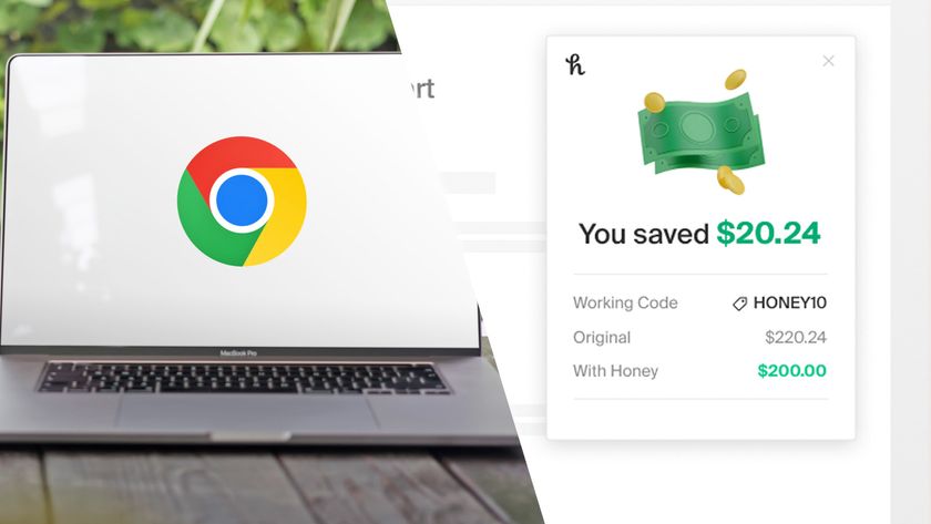 A split image of the Google Chrome logo on a laptop and an illustration of the Honey extension saving money with a coupon code