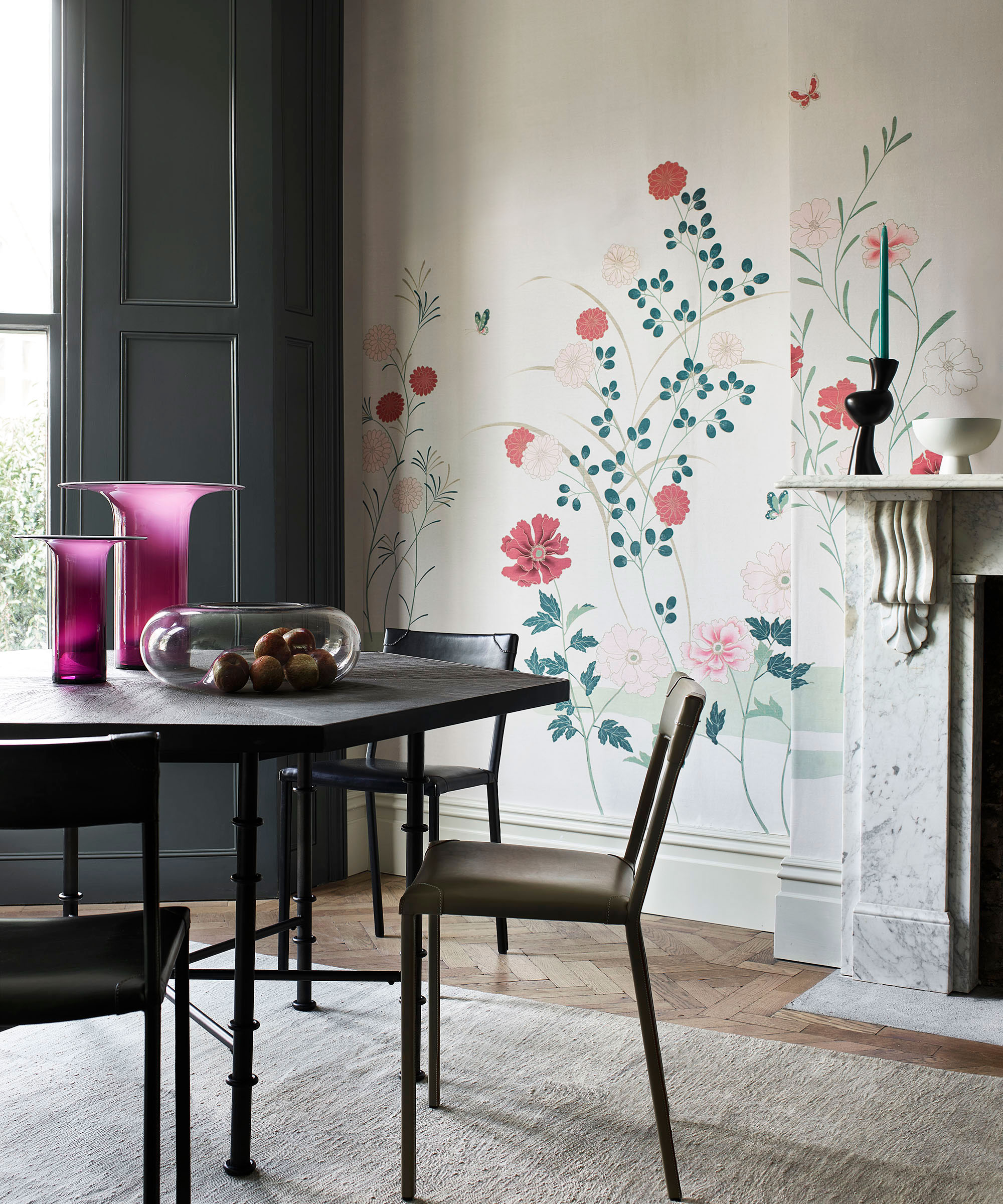 dining room with contemporary chinoiserie wallcovering