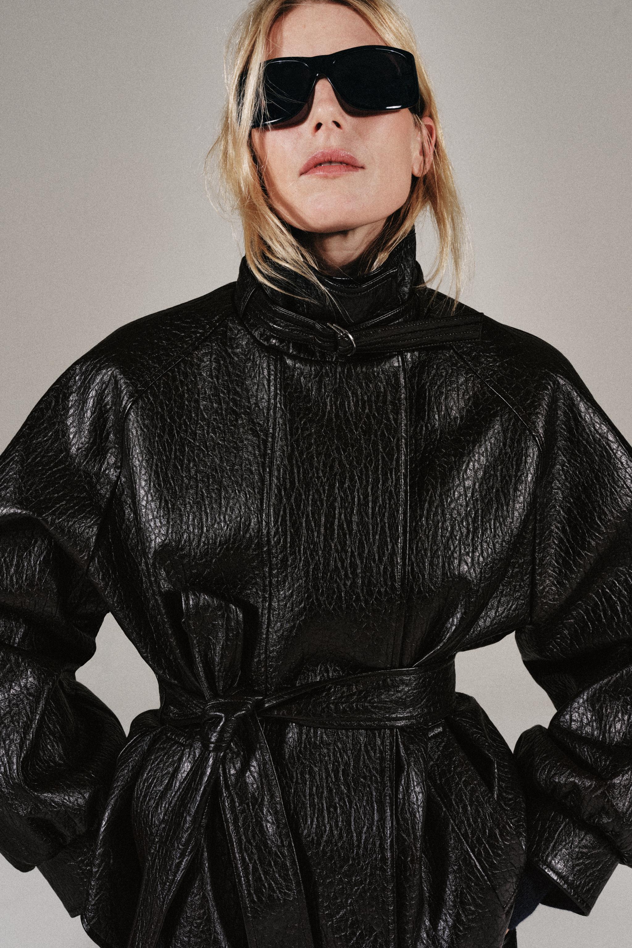 Leather Effect Belted Jacket - Brown - Xs