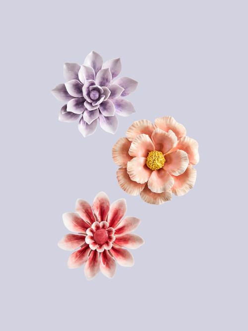 Set of 3 Multi Ceramic Delicate Flower Wall Art Plaques