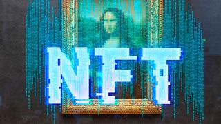 A photo of the Mona Lisa with the NFT logo over it