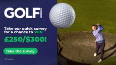 A promo for a Golf Monthly survey showing a golfer hitting a bunker shot and the text: Take our quick survey for a chance to WIN &pound;250/$300!