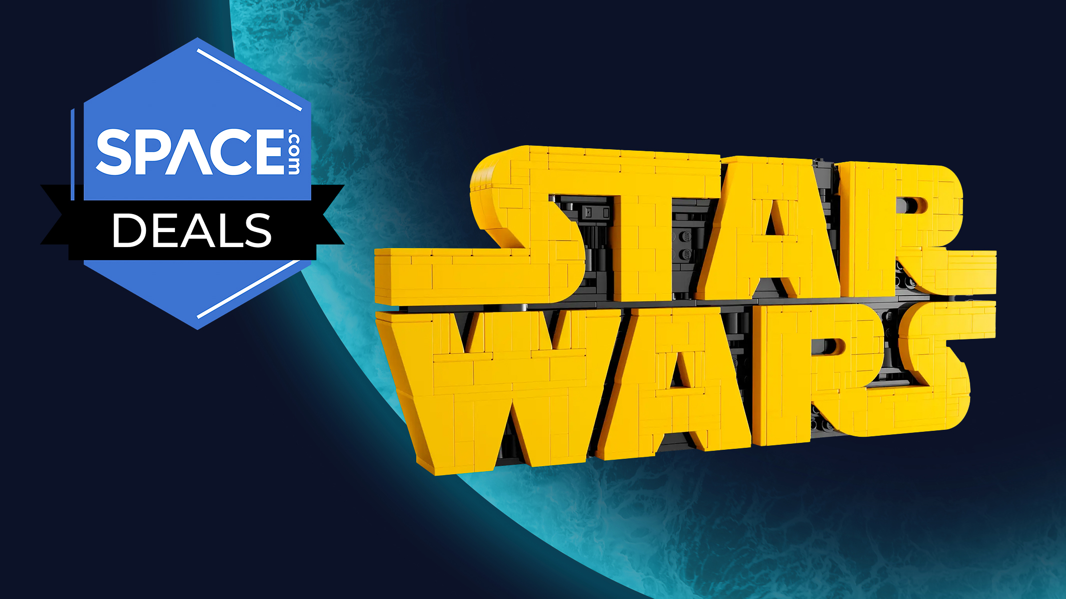 The Lego Star Wars Logo on blue planet backdrop with Space.com logo.