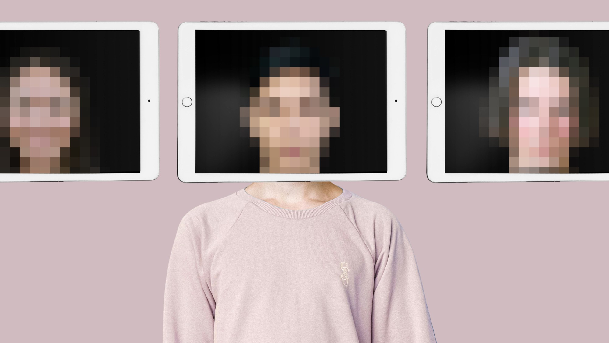 Changing face using AI generated deepfake technology. Multiple blurred person face on tablet screen, covering true identity