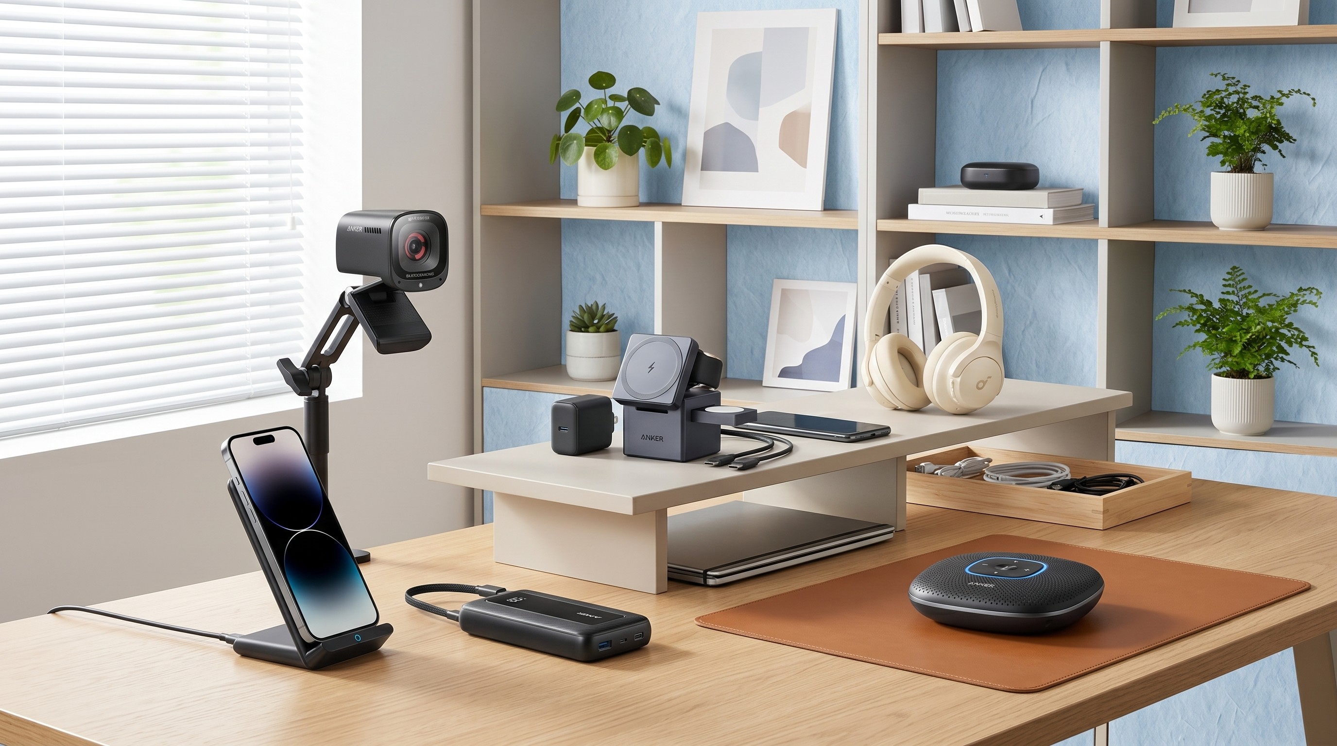A selection of Anker products in a brightly lit home office