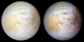 This color composite view combines violet, green, and infrared images of Jupiter's intriguing moon, Europa, for a view of the moon in natural color (left) and in enhanced color designed to bring out subtle color differences in the surface (right). The images in this global view were taken in June 1997.