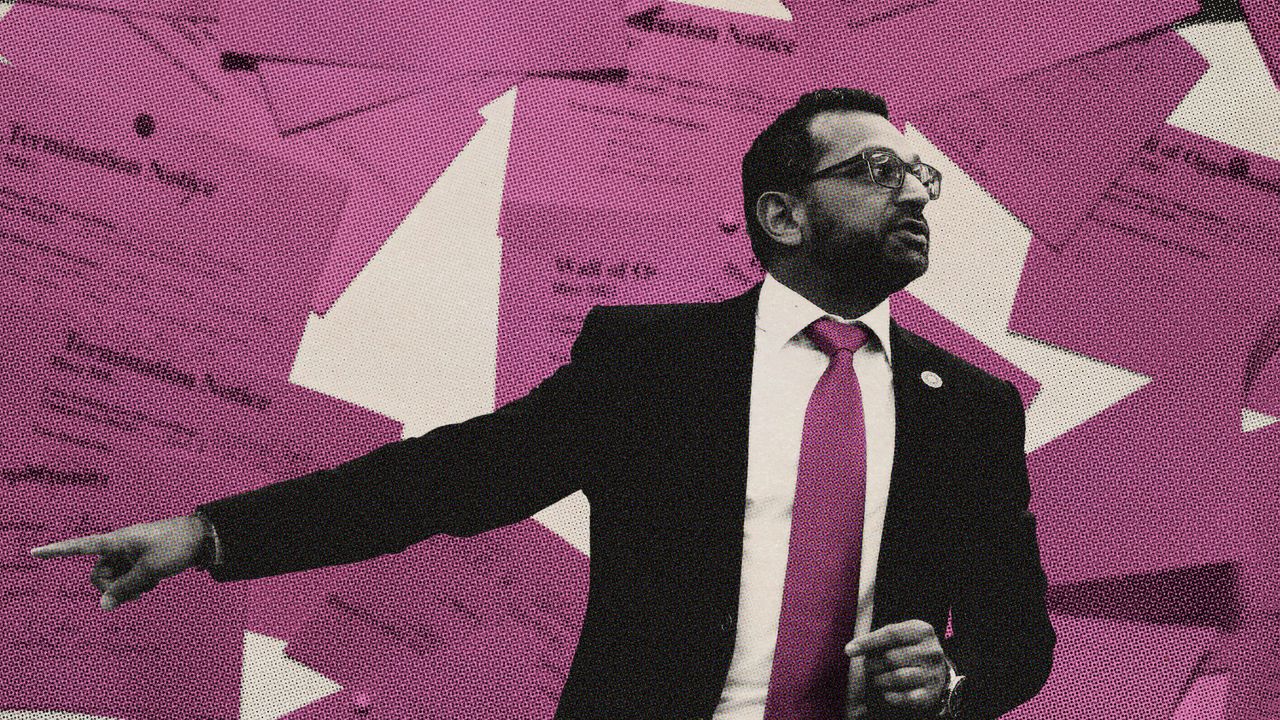 Photo collage of Kash Patel pointing as if gesturing for people to leave, on a background of pink slips.