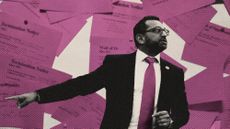 Photo collage of Kash Patel pointing as if gesturing for people to leave, on a background of pink slips.