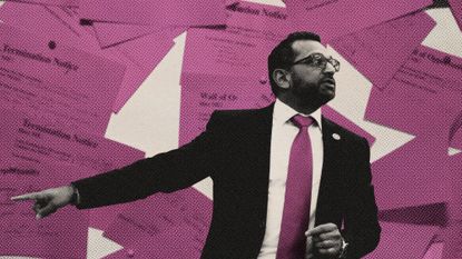 Photo collage of Kash Patel pointing as if gesturing for people to leave, on a background of pink slips.