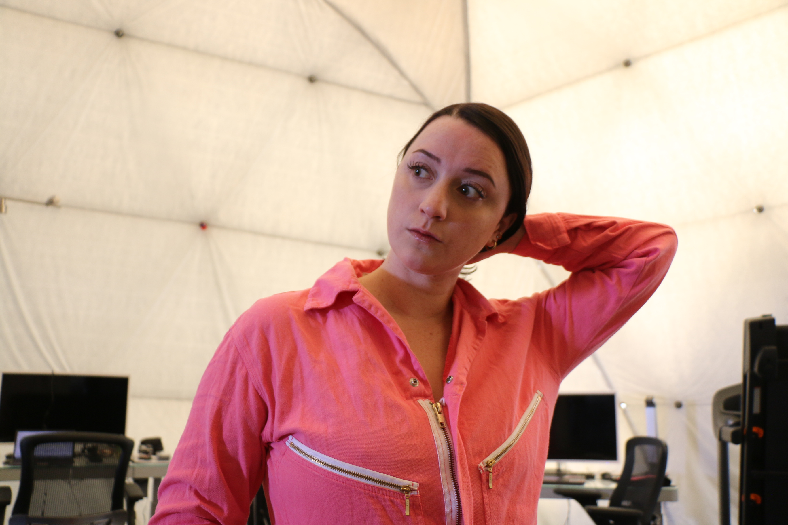Chelsea Gohd works in the HI-SEAS habitat on the Sensoria 2 Mars simulation mission in Hawaii.