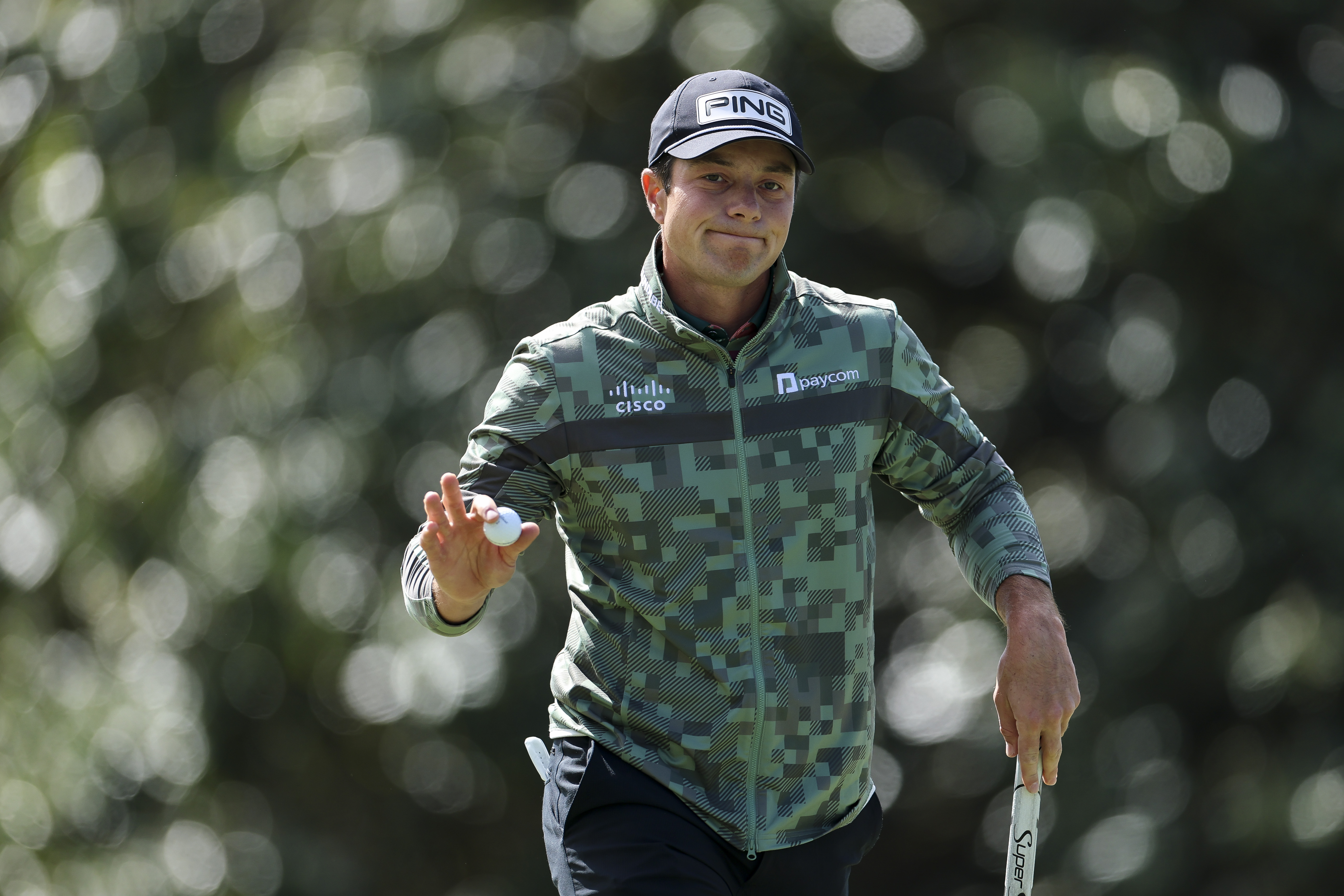 Viktor Hovland reacts on the first green during the first round of the 2026 Masters Tournament at Augusta National Golf Club