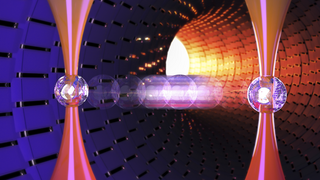 An artist's impression of the atom being launched between the two pairs of optical tweezers