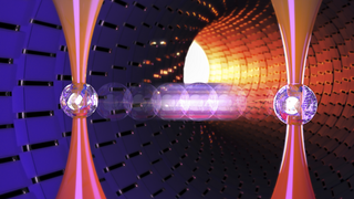 An artist's impression of the atom being launched between the two pairs of optical tweezers.