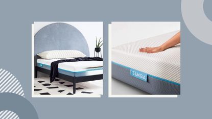 Two of the best Simba mattress deals for August 2022 pictured against a blue patterned background