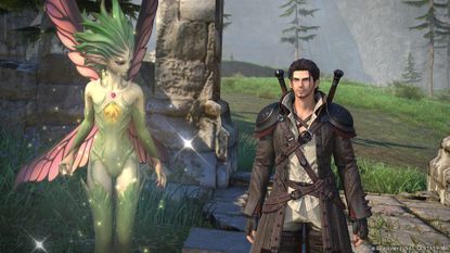 A man and a fairy stand next to each other in Final Fantasy 14 patch 7.3