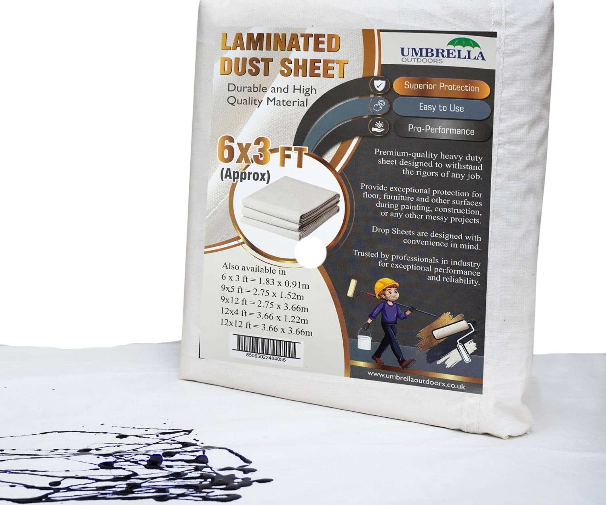 dust sheet in packaging with one on floor showing paint marks