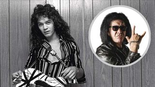 Eddie Van Halen with guitar and (inset) Gene Simmons throwing the horns