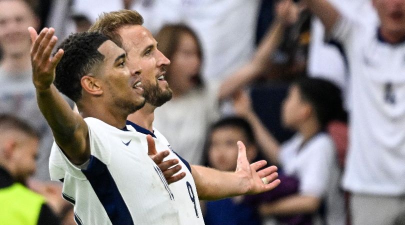 Jude Bellingham and Harry Kane celebrate the midfielder&#039;s late equaliser for England against Slovakia at Euro 2024.