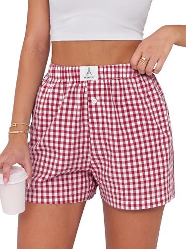 Anrabess Boxer Shorts for Women Gingham Pajama 2026 Summer Casual Lounge Sleep Plaid Shorts Y2k Beach Bottoms Red White Plaid Medium
