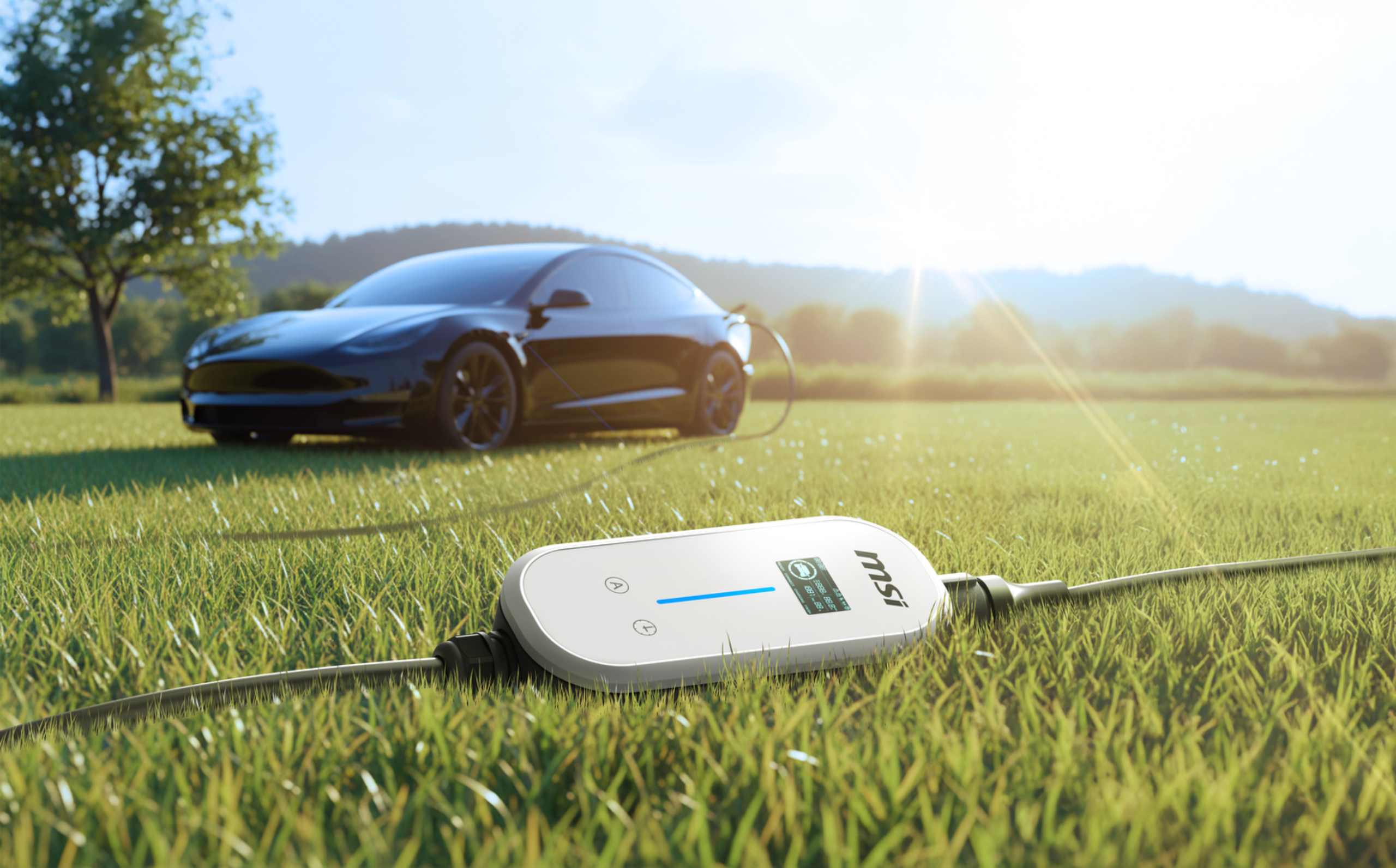 MSI EZgo charger in a field near an electric car