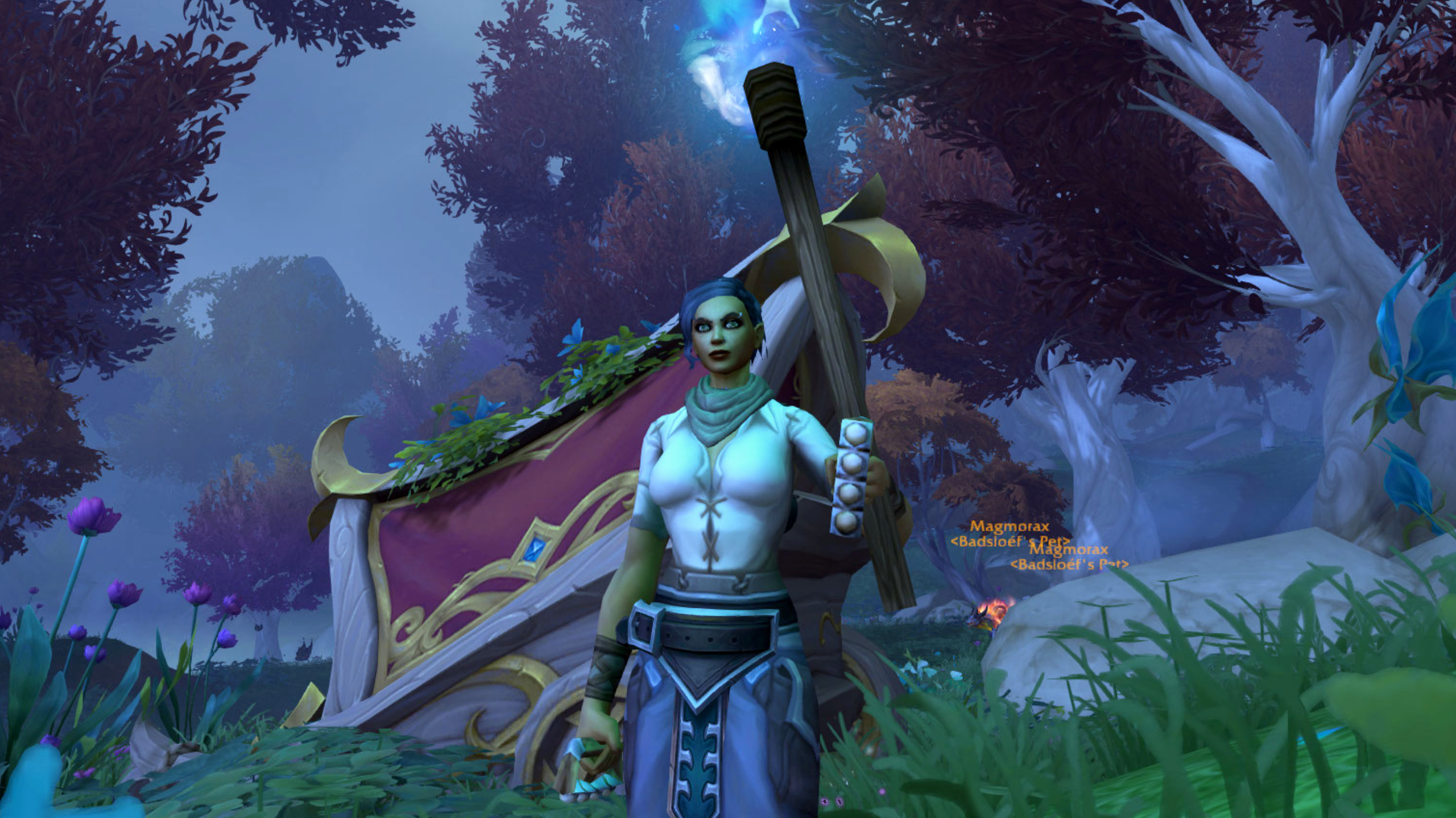 WoW triple-locked safebox: A close-up of a player stood next to a broken cart in the woods, holding a torch.