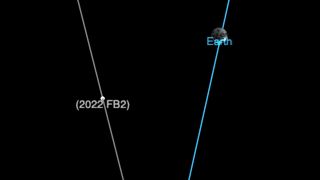 This NASA graphic shows the path of the asteroid 2022 FB2 as it flew within 93,000 miles of Earth in a flyby on March 28, 2022.