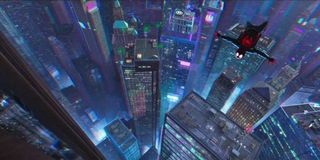 Spider-Man: Into The Spider-Verse Miles Morales swings high above the city