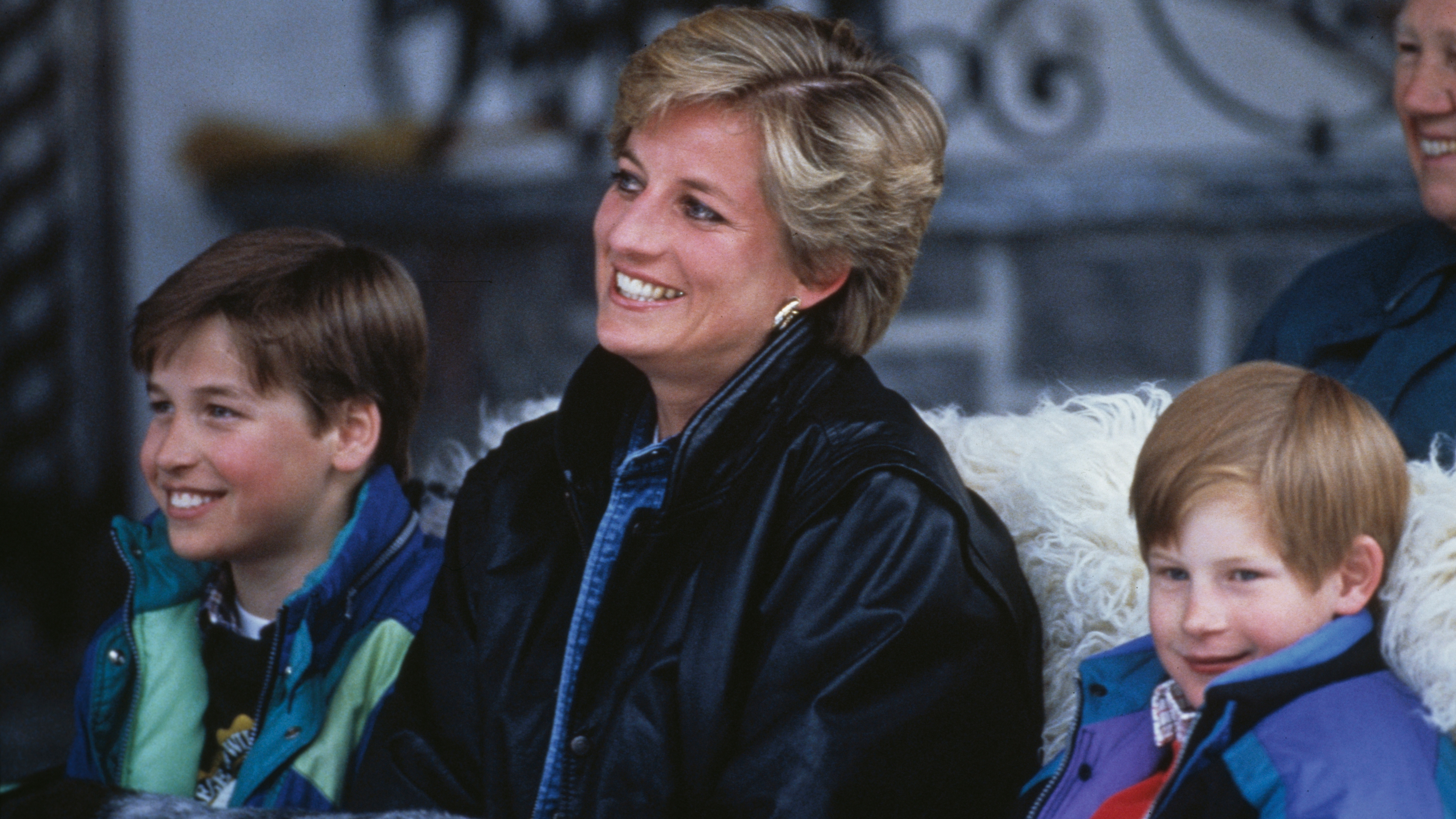 Princess Diana with her sons Prince William (left) and Prince Harry on a skiing holiday in Lech, Austria, 30th March 1993
