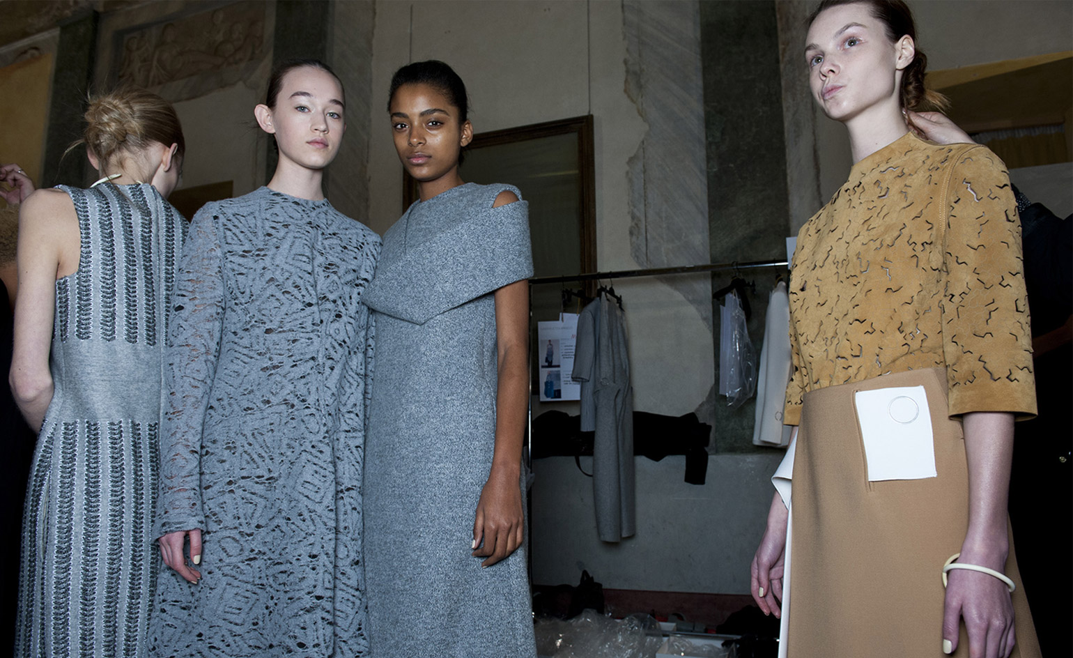 Female models wearing grey and gold clothes from the Gabriele Colangelo A/W 2015 collection