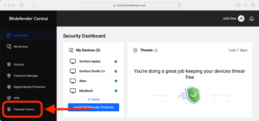 Bitdefender parental control dashboard