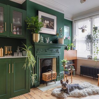 dark green sitting room with fireplace and rug