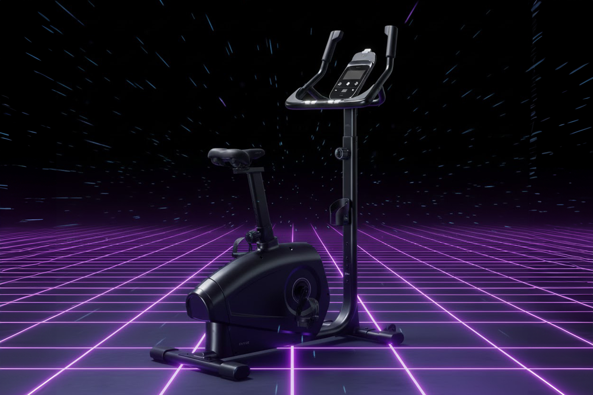 Domyos DB900 exercise bike using an AI tron like generated background. 