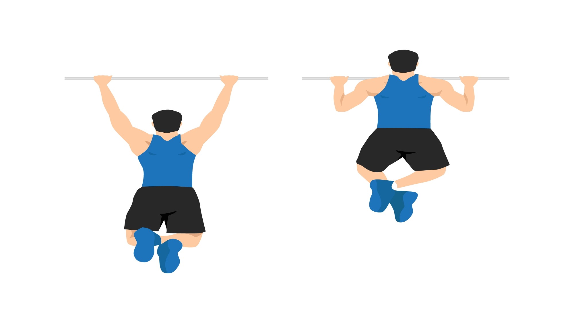 Image of a man doing pull-ups in two stages on a white background