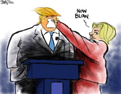 Political cartoon U.S. 2016 election Donald Trump Hillary Clinton blowing nose