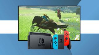 A shot of a Nintendo Switch in the docking station against a screenshot from Breath of the Wild