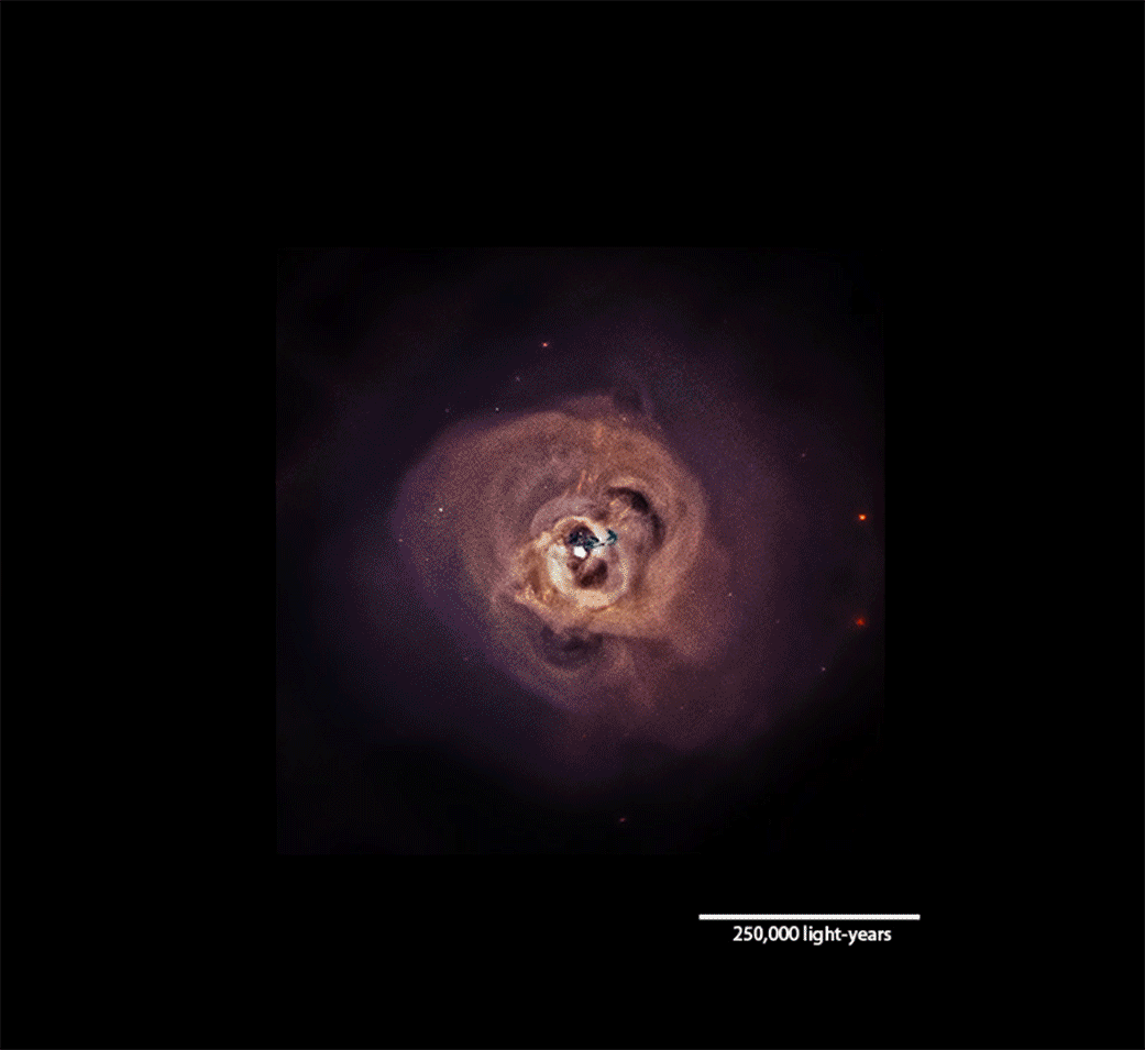 This animation dissolves between two different views of hot gas in the Perseus galaxy cluster. The first is the Chandra X-ray Observatory’s best view of hot gas in Perseus’ central region, where red, green and blue indicate lower-energy to higher-energy X-rays, respectively. The larger image incorporates additional data over a wider field of view. It has been processed to enhance the contrast of edges, revealing subtle details. The wave is marked by the upward-arcing curve near the bottom, centered at about 7 o'clock.