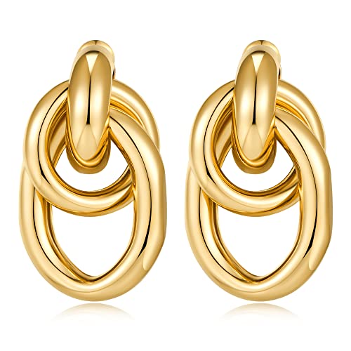 Filmoon Chunky Gold Earrings for Women Knot Link Drop Dangle Big Earrings 14k Gold Plated Statement Earrings Geometric Trendy Gold Jewelry