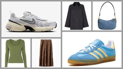 product collage of Whistles Fern Pathc-Pocket Wax-Cotton Jacket, Adidas Gazelle Indoor Lace-Up Sneakers, Max Mara Leisure Calcio Ribbed Cotton-Blend Sweater, Gap Satin Maxi Skirt, Coach Swinger Bag 20, Nike V2K Runtekk Running Shoes, with white background and grey border 