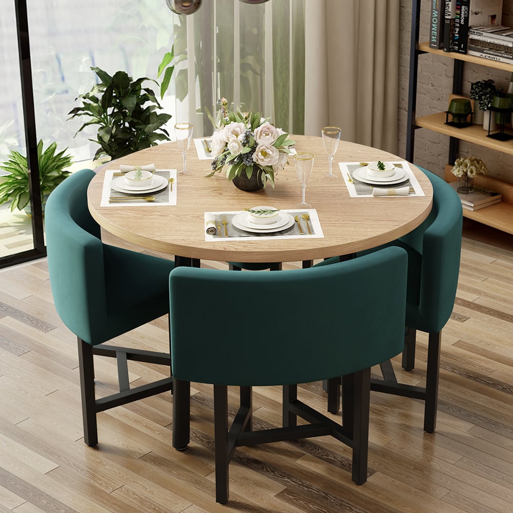 1000mm Round Wooden Nesting Dining Table Set for 4 Green Upholstered Chairs&amp;#65372;homary Uk