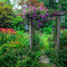 garden arbor along pathway and garden of colorful plants 