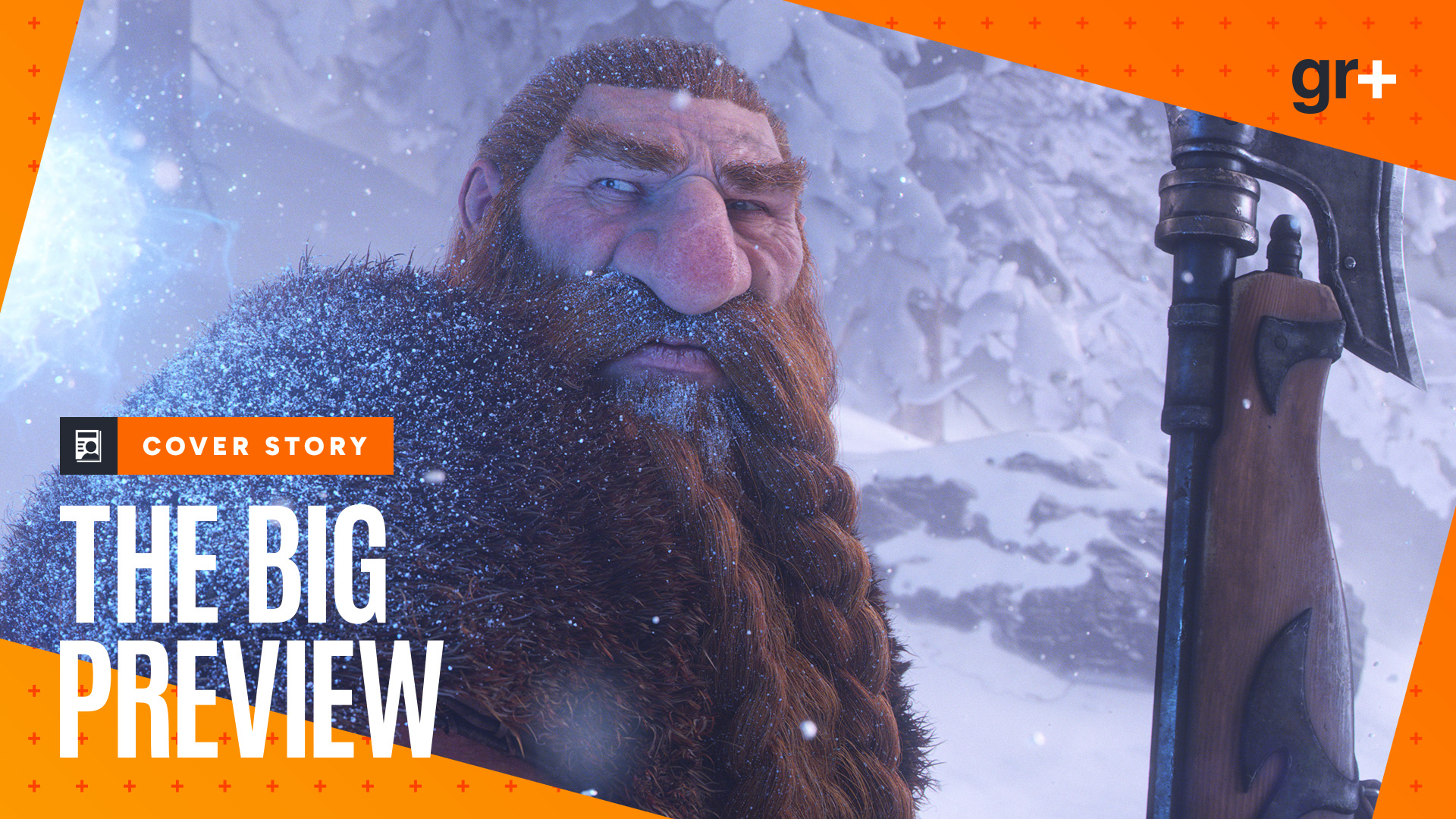 A dwarf squints in a snowy environment in a World of Warcraft: Forever cinematic, with the orange GamesRadar+ Big Preview branding
