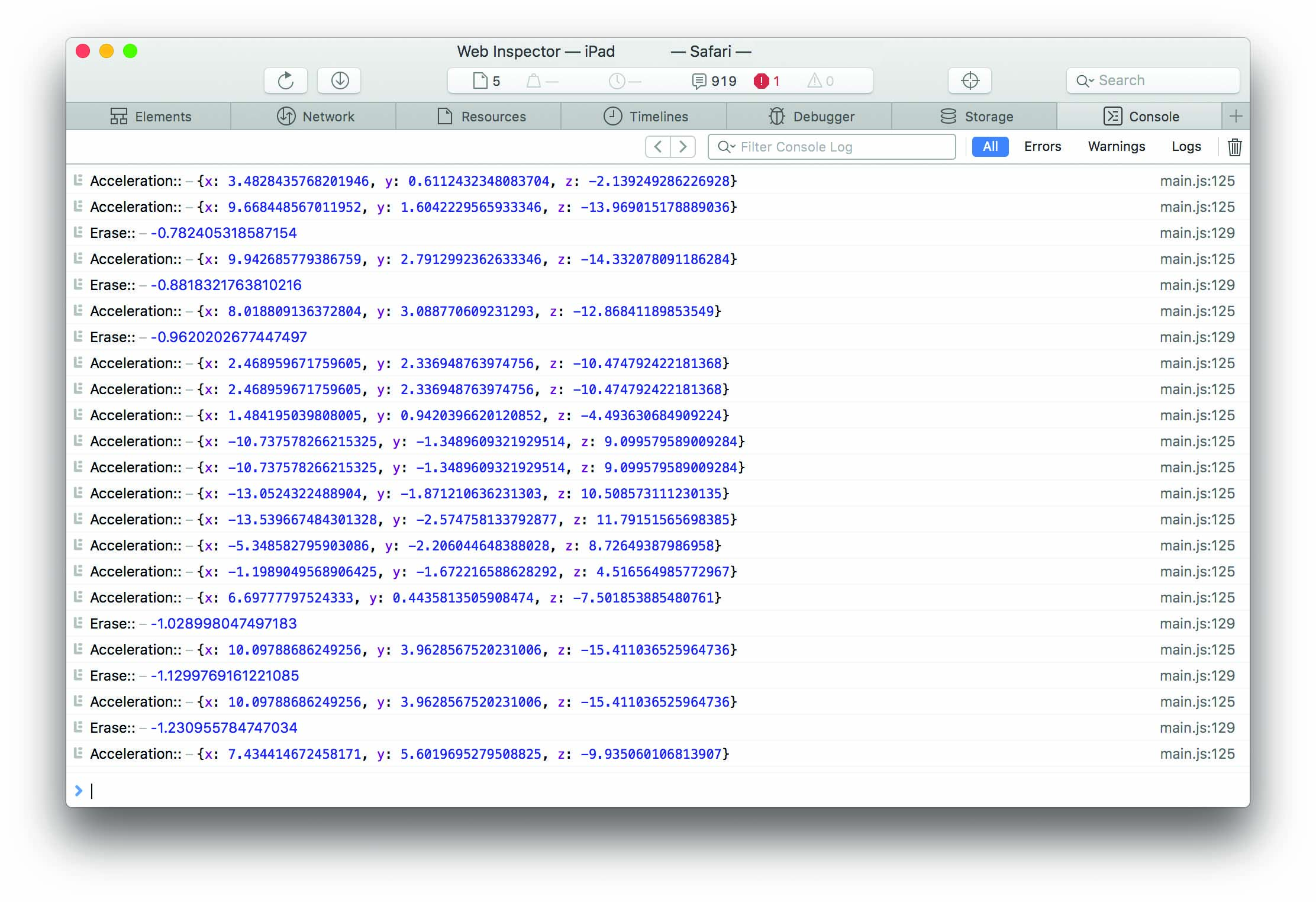 Testing the accelerometer in Safari [click the icon to enlarge]