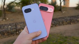 The Google Pixel 9a in Iris compared to the Pixel 9 in Peony.
