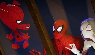 Spider-Ham with Spider-Man and Spider-Gwen in Spider-Man: Into The Spider-Verse