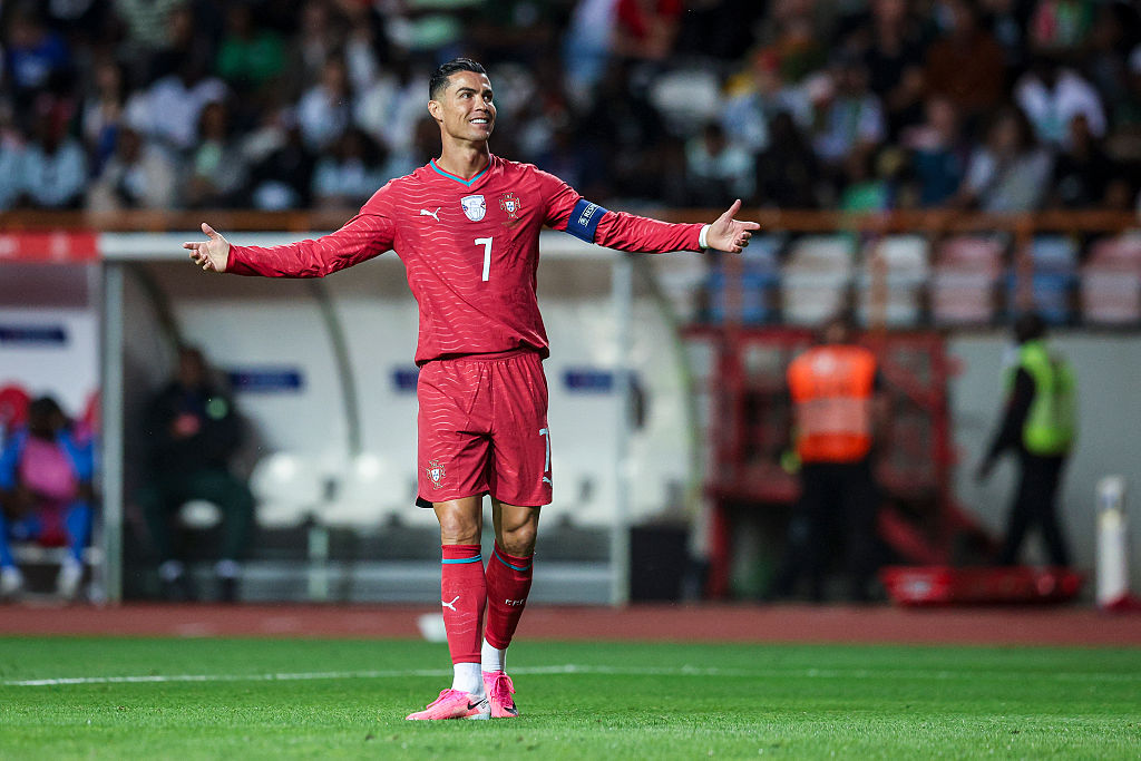 Cristiano Ronaldo of Portugal gestures during the International Friendly match between Portugal and Nigeria at Estadio Dr Magalhaes Pessoa on June 10, 2026 in Leiria, Portugal