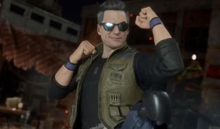 Johnny Cage strikes a fighting stance in a Mortal Kombat game.
