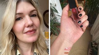 On the left, a picture of Digital Beauty Editor, Fiona McKim wearing the e.l.f Jam Session lip oil with a warm-nude lip liner and on the right, a close-up of Fiona's hand with swatches of the two products on her wrist