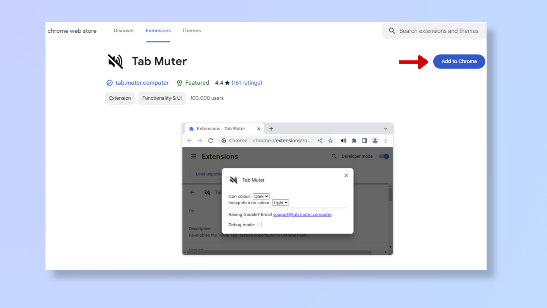 Screenshot of the Tab Muter extension in the Chrome Web Store, with a red arrow pointing at Add to Chrome. 