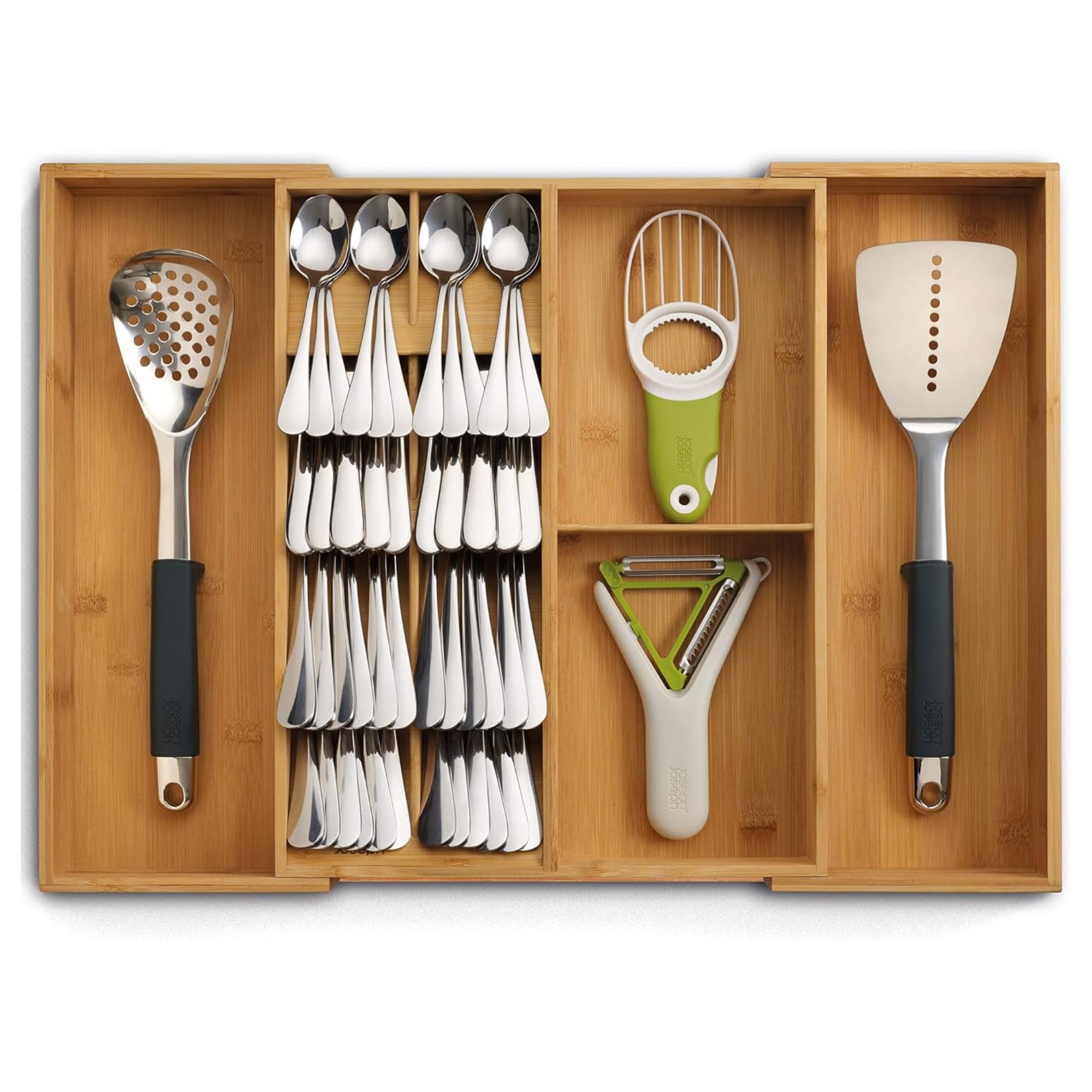 Bamboo Joseph Joseph DrawerStore Expanding Organizer filled with cutlery and utensils